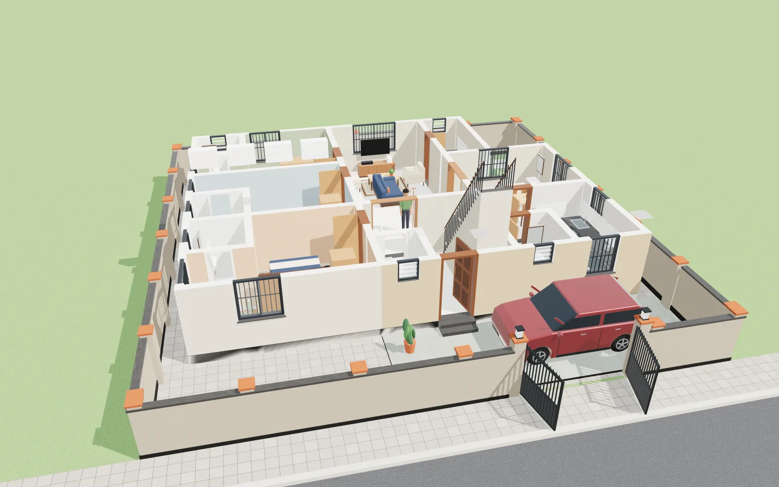 The house in 3D with its walls cut away, showing every room furnished from above