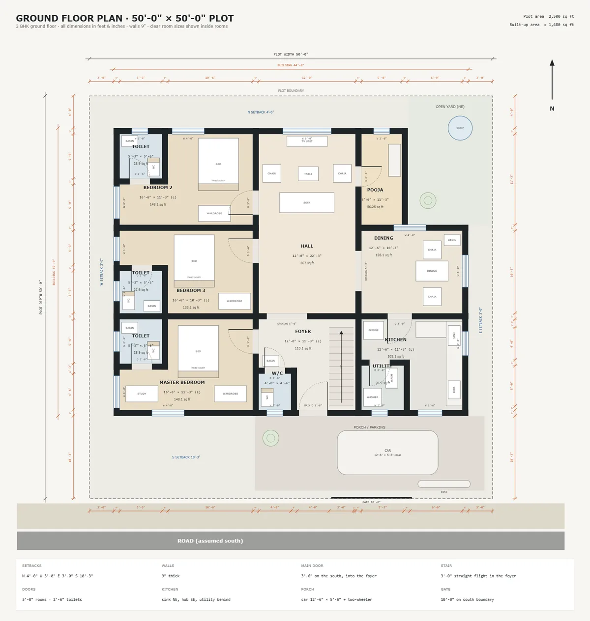 A 50 by 50 ground floor plan drawn to scale: three bedrooms with attached toilets, hall, pooja room, dining, kitchen with utility, foyer with stair, open yard and porch parking, fully dimensioned